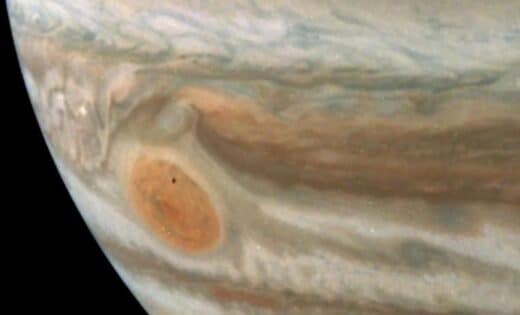 NASA's Juno Captures Rare Images of Amalthea Crossing Jupiter's Great Red Spot