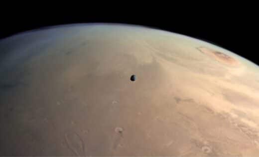 Mars Express Captures Stunning Image Of Phobos, Olympus Mons, And Mars’ Atmosphere