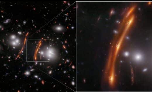 NASA’s James Webb Space Telescope’s NIRCam (Near-Infrared Camera) image of the galaxy cluster PLCK G165.7+67.0, also known as G165, on the left shows the magnifying effect a foreground cluster can have on the distant universe beyond. The foreground cluster is 3.6 billion light-years away from Earth. The zoomed region on the right shows supernova H0pe triply imaged (labeled with white dashed circles) due to gravitational lensing. In this image blue represents light at 0.9, 1.15, and 1.5 microns (F090W + F115W + F150W), green is 2.0 and 2.77 microns (F200W + F277W), and red is 3.56, 4.1, and 4.44 microns (F356W + F410M + F444W). Credit: NASA, ESA, CSA, STScI, B. Frye (University of Arizona), R. Windhorst (Arizona State University), S. Cohen (Arizona State University), J. D’Silva (University of Western Australia, Perth), A. Koekemoer (Space Telescope Science Institute), J. Summers (Arizona State University).
